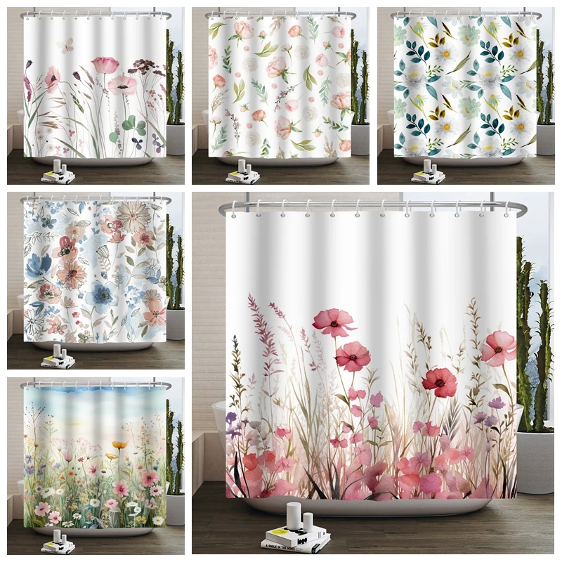 

Watercolor Floral Shower Curtain Botanical Painting Colorful Flower Bath Curtains for Bathroom Pastel Wildflower Bathroom Decor