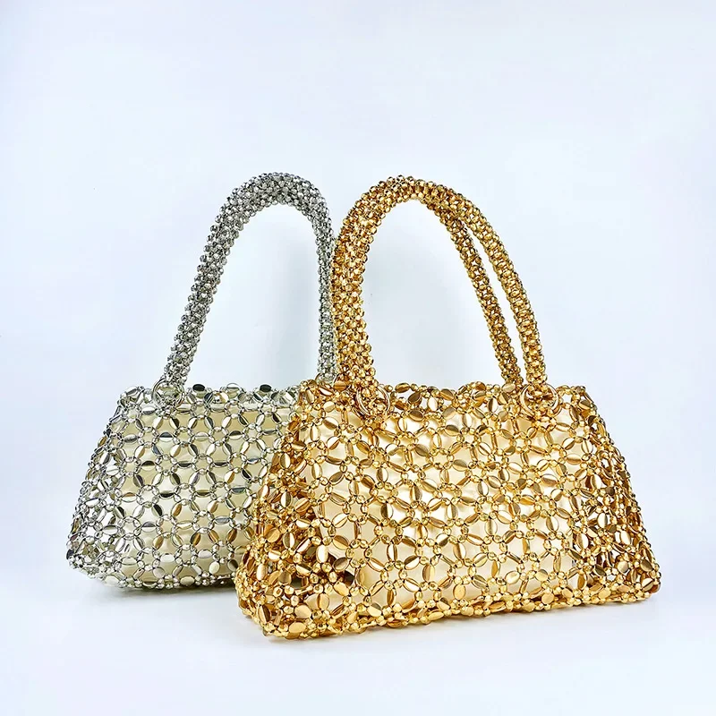 

Rock Gold Silver Hand Woven Acrylic Beads Handbag Metal Shiny Evening Bag Handmade Beaded Retro Wedding Party Tote Bag 2024 New