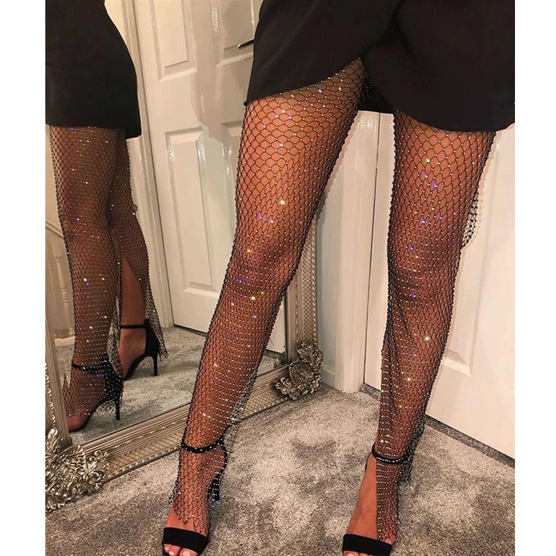 

Сексуальные прозрачные Блестящие Брюки-карандаш с кристаллами и стразами, Женская Летняя мода, уличная одежда, Клубные бриллиантовые брюки с разрезом