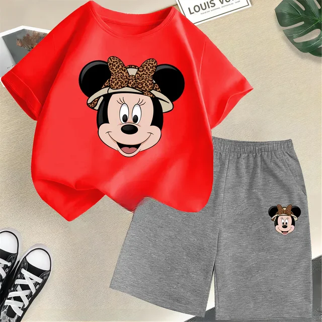 thumbnail image 1 of Conjunto de camisetas y pantalones cortos de verano con estampado de Mickey para niños y adolescentes de 2 a 14 años, camisetas informales de manga corta y cuello redondo, 2 piezas, 1 of 5