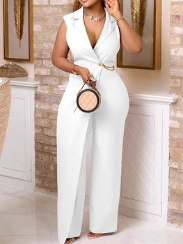 Women's Jumpsuit with Chain V Neck Blazer Collar Full Length Jumpsuit Ladies Summer Sleeveless Jumpsuit Wholesale Dropshipping 1