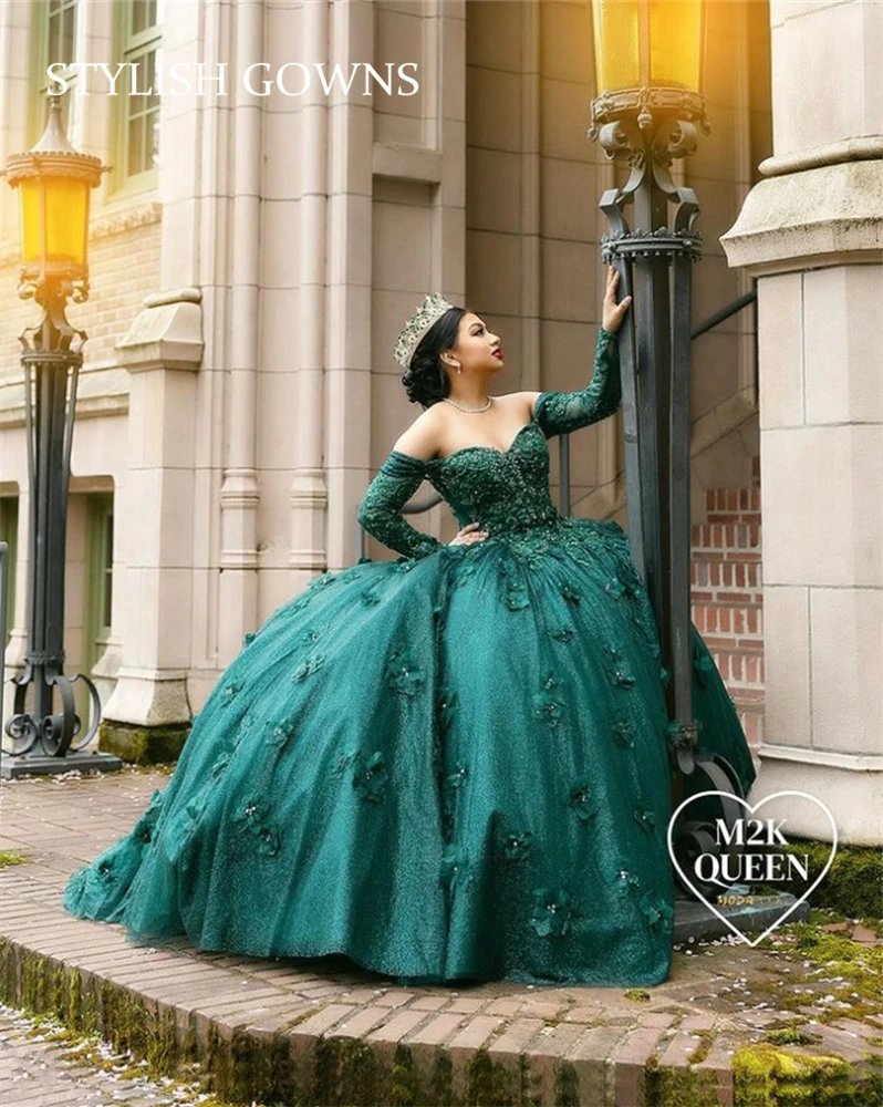 

Green Off The Shoulder Ball Gown Quinceanera Dresses 3D Flowers Birthday Party Gowns Appliqued Beaded Vestido De 15 Sweet 16