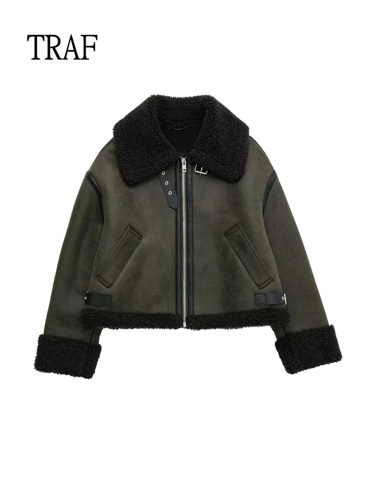 

TRAF Women Jacket 2022 Winter Lambswool Imitation Leather Female Jackets Coat Vintage Zipper Pockets Female Coat Chic Tops