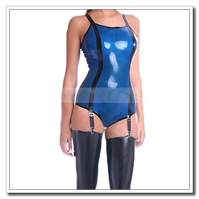 

Civet Latex Catsuit Gummi Blue Leotard With Suspender Sexy Cool Customized 0.4mm j5