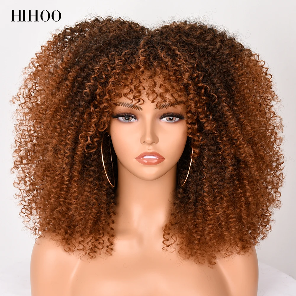 element synthetic wigs medium straight blonde mixed brown bob with bangs wig for women cosplay daily heat resistant headband Short Hair Afro Kinky Curly Wig With Bangs For Black Women Cosplay Synthetic Natural Glueless Brown Mixed Blonde Wigs Pink HIHOO