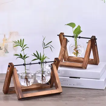 Hydroponic Plant Vases Glass Vase Vintage Bonsai Flower Pot Terrarium Tabletop Tray Wooden Frame Home Decor 4