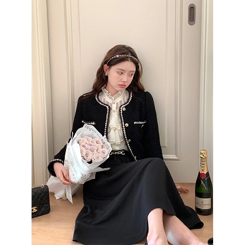 Vintage Cropped Tweed Jackets Women Elegant Black Thicken Coat Korean Single Breasted Blazer Casual Warm Short Outerwear Tops 4