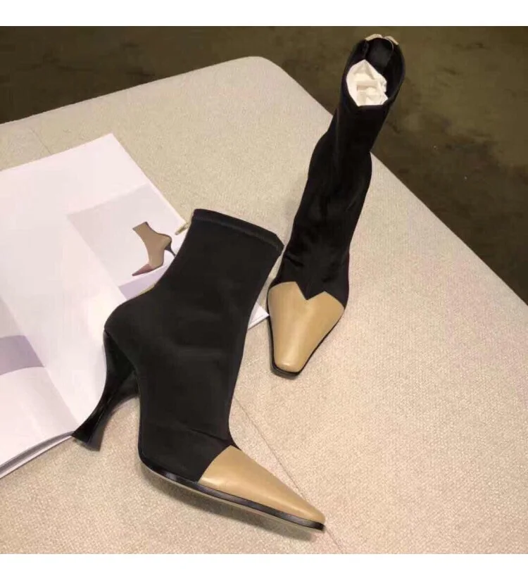 Stitching Square Toe Elastic Socks Boots Women's Short Boots New Leather Fine Heel Nude Boots