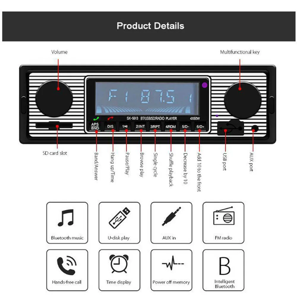 Rádio de carro sem fio compatível com Bluetooth, Retro MP3 Player, Multimídia Vintage, AUX, USB, Auto Lassic FM, Receptor Áudio