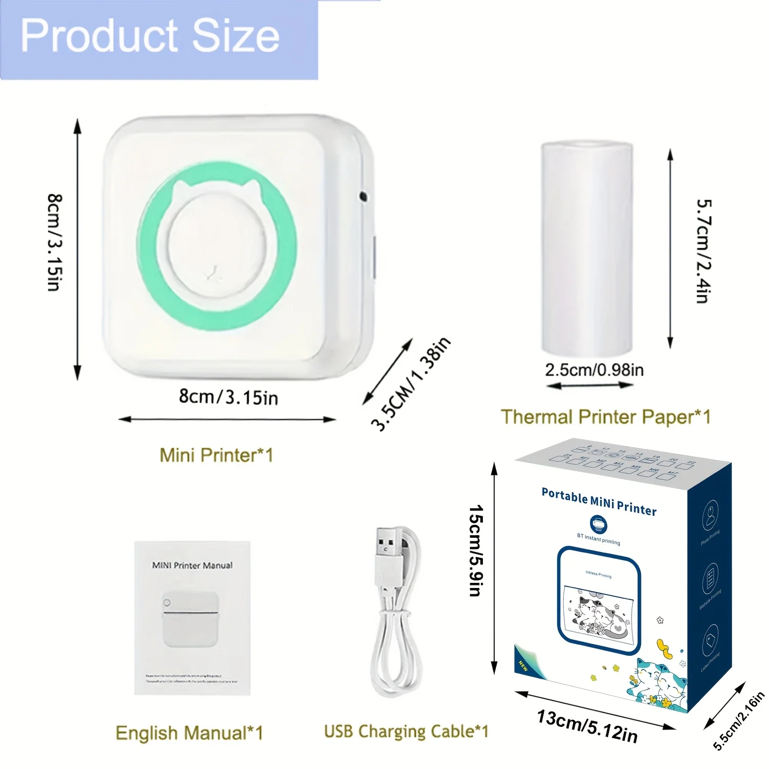 Pocket Mini Printer with 5 Rolls of White Paper + 5 Rolls of White Adhesive Paper + 3 Rolls of Colorful Paper, Portable Thermal - 2