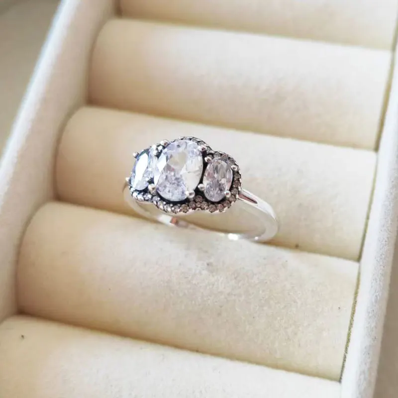 925 Sterling Silver Three Stone Vintage Ring with Clear Cz Fashion Pandora Style Jewelry Ring For Women