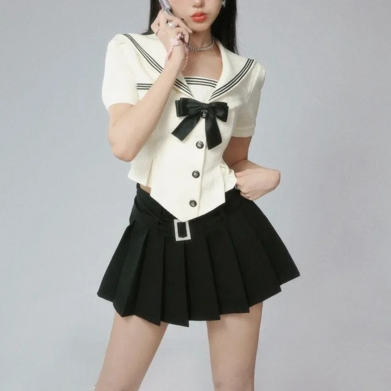 

HOUZHOU Navy Sailor Collar Blouse Short Sleeve Cute Top Women Japanese Preppy Style Lolita Shirt Kawaii Harajuku Gyaru Clothes