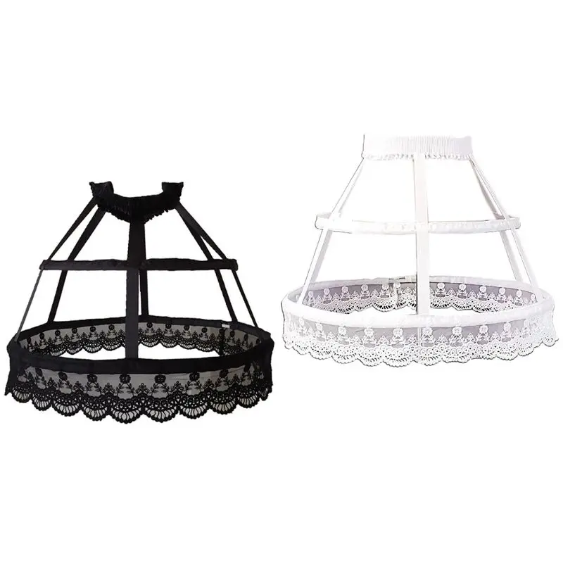 

E15E Women Retro Victorian Petticoat 2 Hoops Crinoline Fishbone Hollow Out Bird Cage Skirt Embroidery Floral Lace Wedding