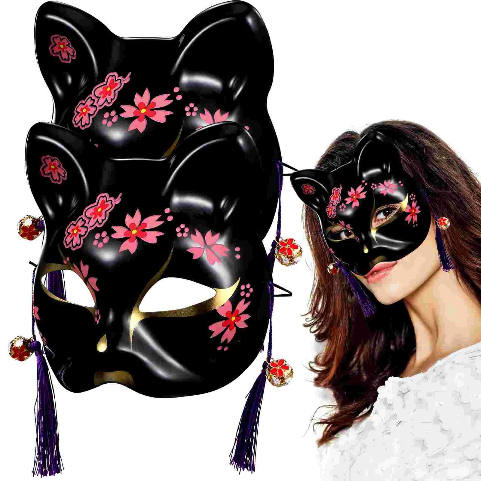 

Japanese Masks Inu Cosplay Masks Fox Cat Half Mask Cherry Blossom Pattern Animal Facemasks Masquerade Carnival