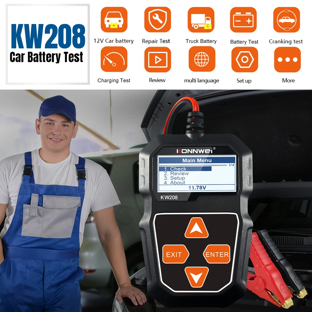 KONNWEI KW208 Battery Tester 12V Automotive Battery Charger Inspection Tools 100 to 2000CCA Cranking Charging Circut Analyzer