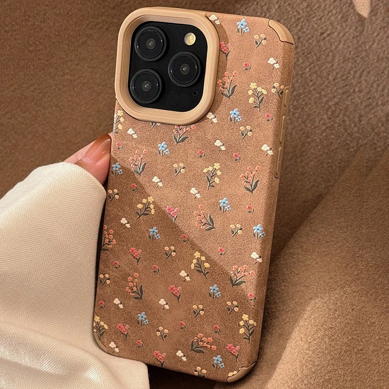 Für iPhone 18 17 Pro Max Hülle Modisches Vintage Beige Wildleder Blumendesign Hüllen Für iPhone 11 12 13 14 15 16 Plus XS Max XR Cover