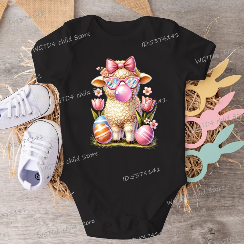 Short Sleeve Easter Romper Infant Jumpsuit Cartoon Sheep Blowing Bubble Print Onesies Newborn Girl Boy Cotton Easter Bodysuits 2