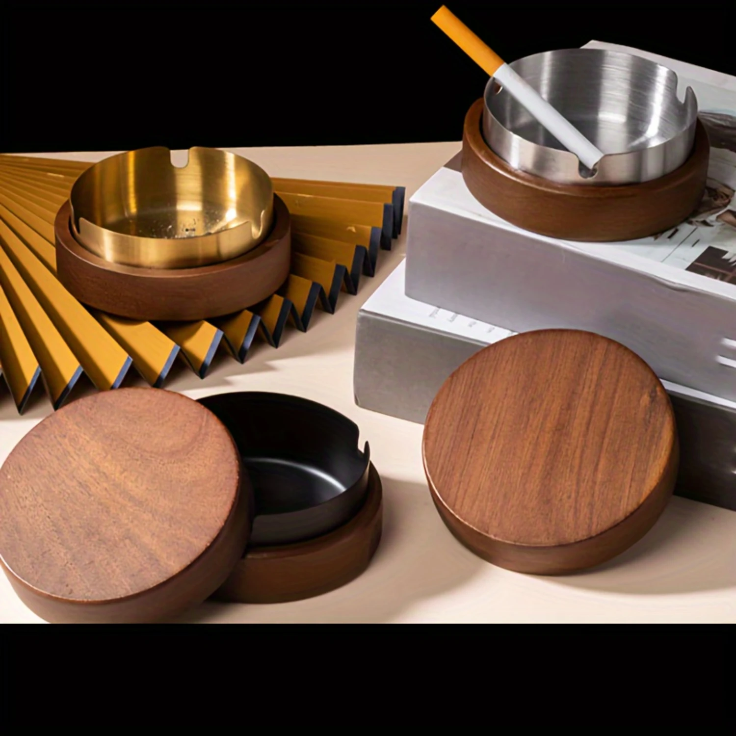 Walnut Wood Ashtray with Lid-Vintage Style, Anti-Fly Design for Office, Hotel Use Weed smoking accessories Cigar ashtray