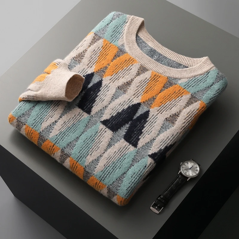 New Men 100% Pure Cashmere Wool Soft Sweater O-neck Twisted Contrasting Pullover Autumn Winter Casual Thick Basis Large Size Top 4