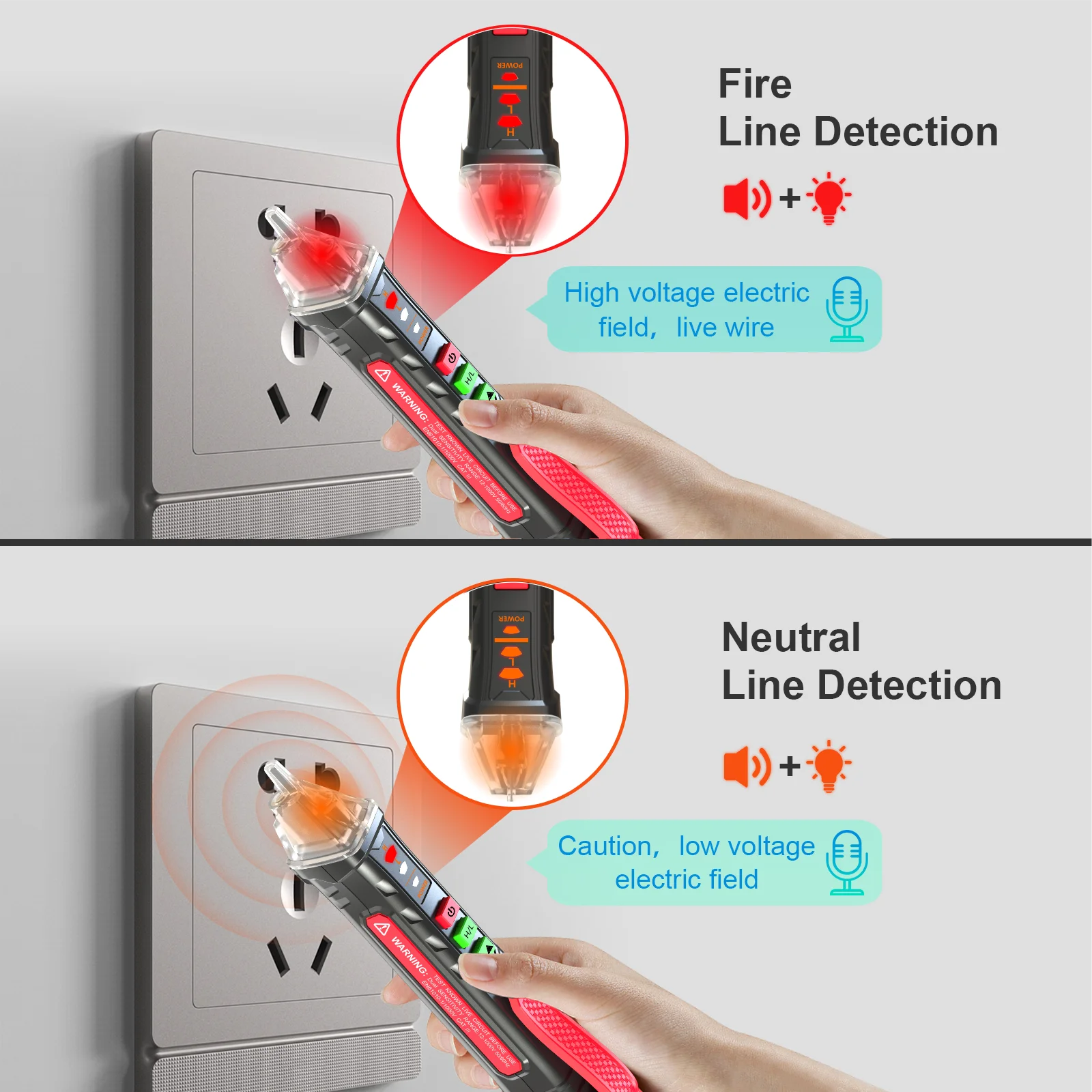 Tester di tensione, tester di tensione senza contatto con modalità di allarme e valutazione live/zero del filo, torcia a LED, multi-sensore, 12 V-1000 V/48 V-1000 V