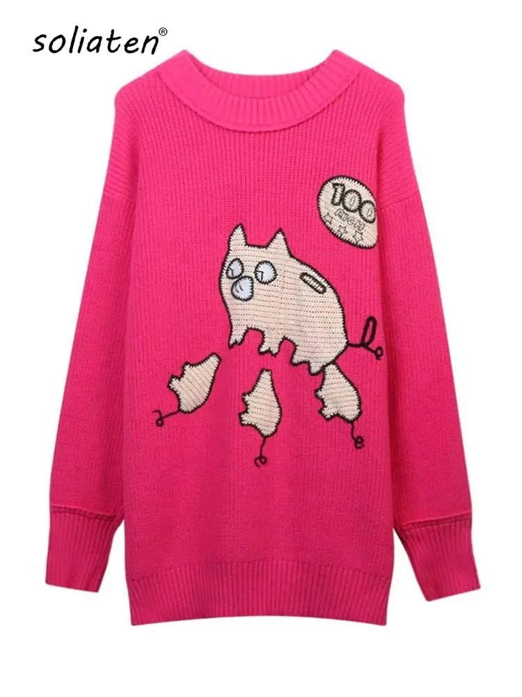 

2023 Autumn Winter Cartoon Sweater Streetwear Green Oversized Pullovers For Women Rose Red Knitted Top Warm Soft Jumper C-175