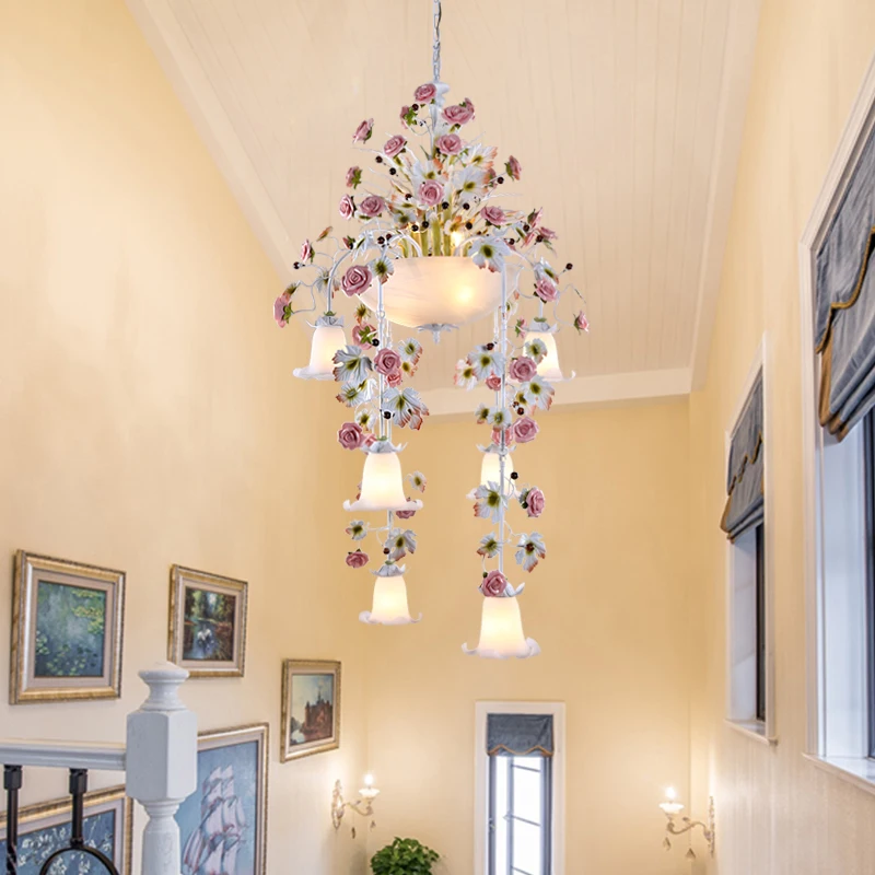 

Pastoral Stair Chandelier Romantic Restaurant Bedroom Hanging Lamp Wrought Iron Flower Grass Pendant Light Long Chandelier Light