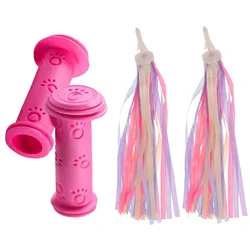 Children's Bicycle Handlebar Tassel Grips - Non-Slip, Waterproof Rubber (Pink Grip and ribbon)