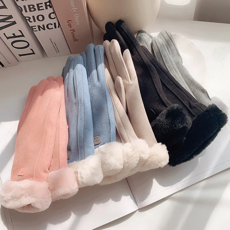 Herbst Winter Fleece gefütterte Handschuhe Mode handschuhe niedliche pelzige warme Handschuhe Voll finger handschuhe Frauen Outdoor-Sport weibliche Handschuhe – Detail 2