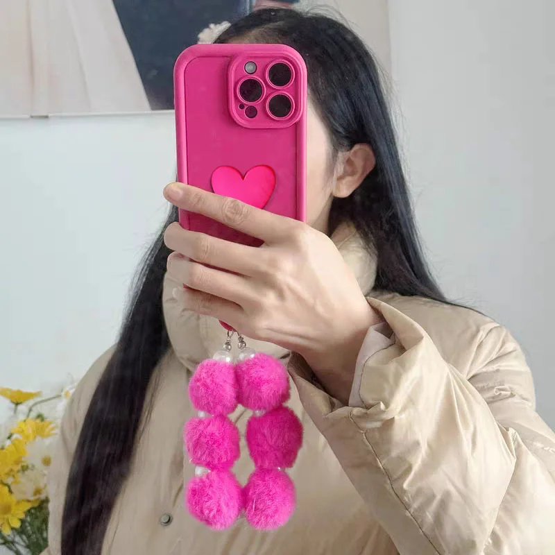 3D Love Heart Plush Chain Phone Case Cover