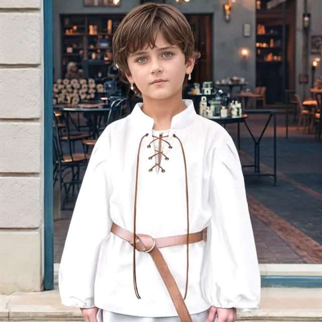Chemise de Pirate médiévale pour garçons, Costume de la Renaissance à lacets pour Halloween, Jacobite écossaise, Ghillie, hauts Viking Colonial 1