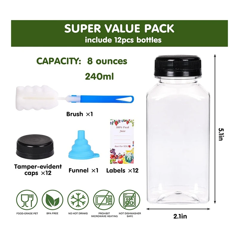 【Berserkk】12Pcs Plastic Juice Bottles With Tamper Evident Caps, Reusable Clear Juice Containers With Labels, Funnel And Brush