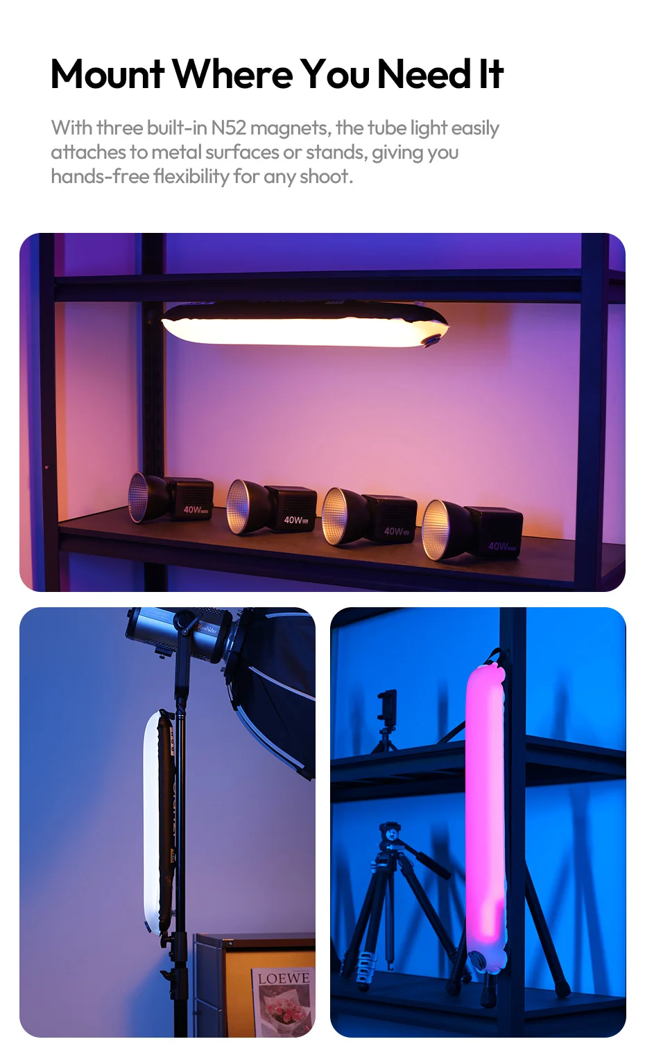 20W RGB Magnetic Air Tube Light 1800-10000K Full RGB Portable Air Tube Light for