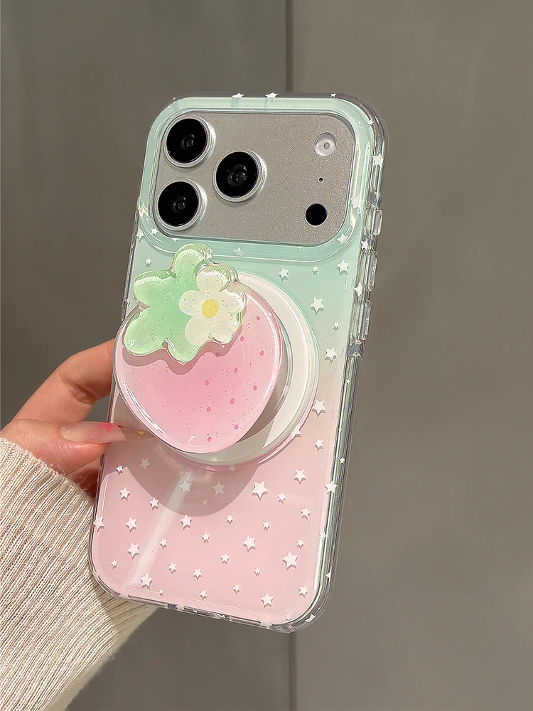 Stylish Strawberry Grip Tok Stand with Gradient Stars and Magnetic Wireless Charging Cover