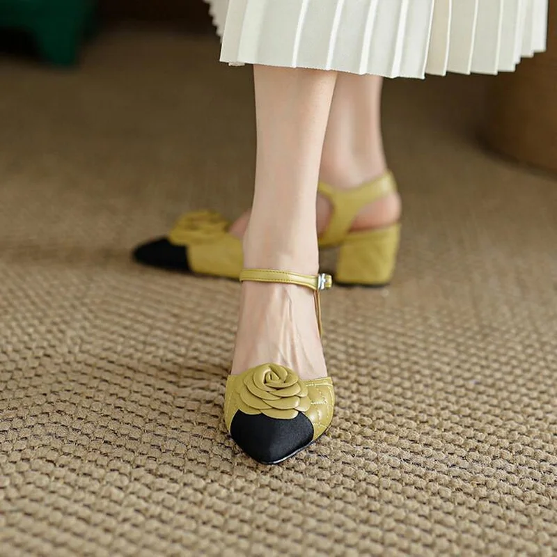 

FHANCHU 23 New Camellia Flower High Heels Sandals,Women Side Shallow Shoes,Pointed Toe,Ankle Buckle Strap,Yellow,Beige,Dropship