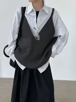 Femmes noir gris bref grande taille décontracté tricot gilet nouveau col en V sans manches pull mode marée printemps automne pull gilets 2