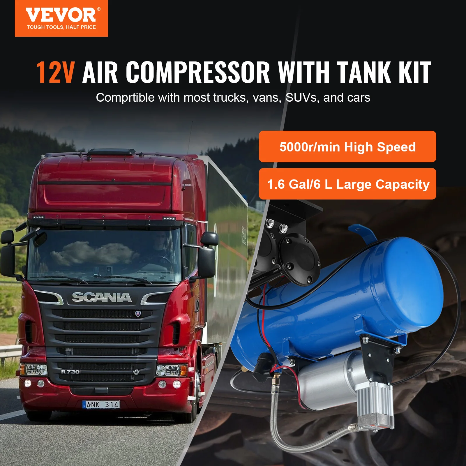 Portable Air Compressor 12V Air Compressor Tank 1.6 Gallon/6 L 120 psi Onboard Air Compressor System for Train Horns Inflating Tires