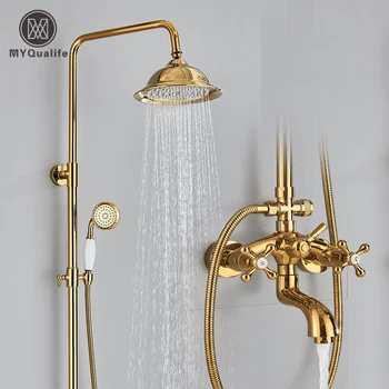 Gold Bathroom Shower Faucet 8 Inch Brass Rainfall Shower Head Bathtub Mixer Tap Hot and Cold Water Dual Handle Shower Set 1