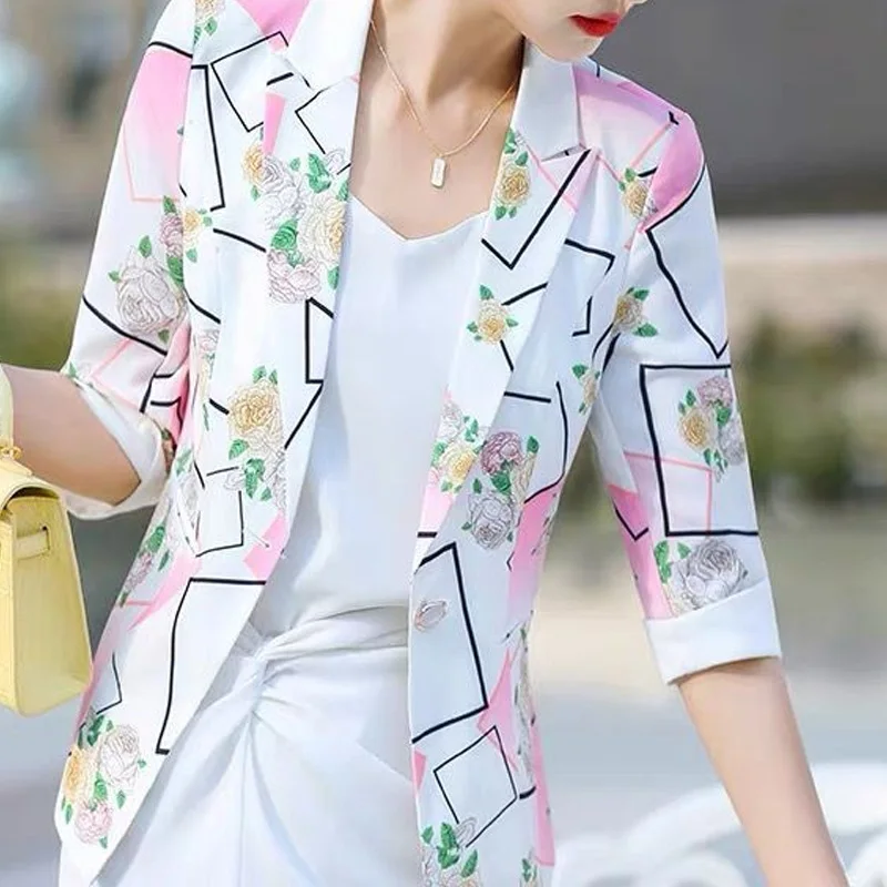 2024 New Spring and Summer Urban Commuting Style OL Fashion Print Slim Fit Versatile Three Quarter Single Breasted Suit Coat