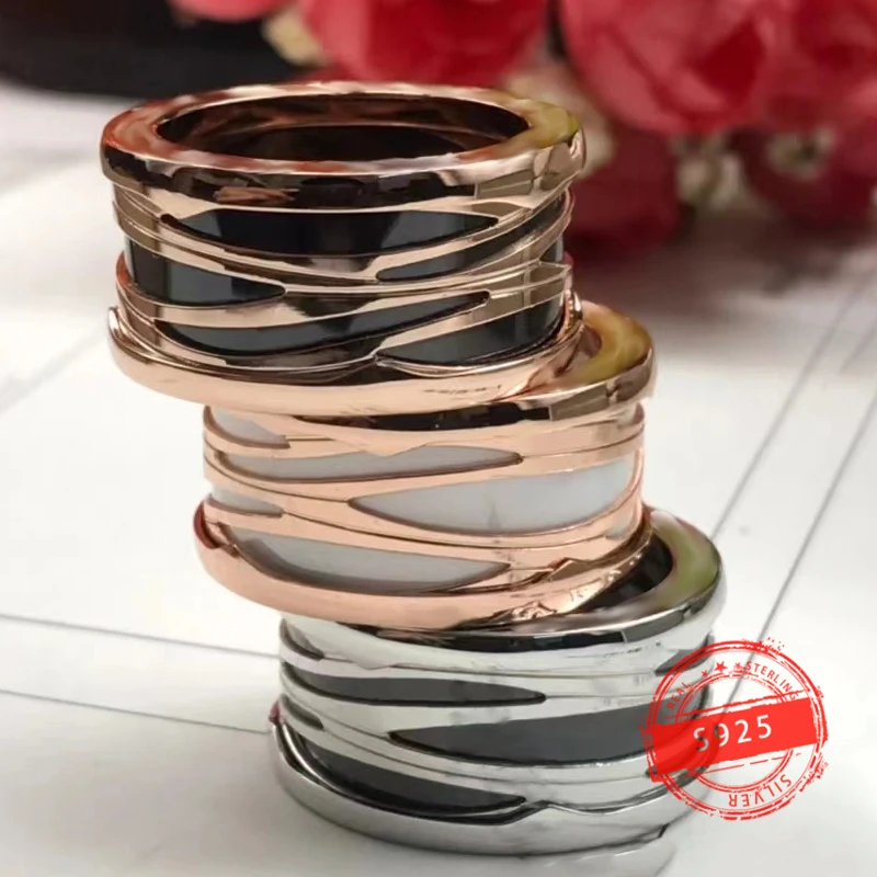 

1:1 selling European and American style hollow ceramic ring s925 silver fashion party luxury jewelry Valentine's Day gift