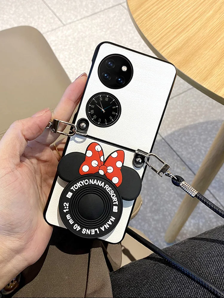 

For Huawei P50 Pocket Case High Leather Cover with Camera Pattern Holder and Black Lanyard for P50 Pocket Huawei Cases