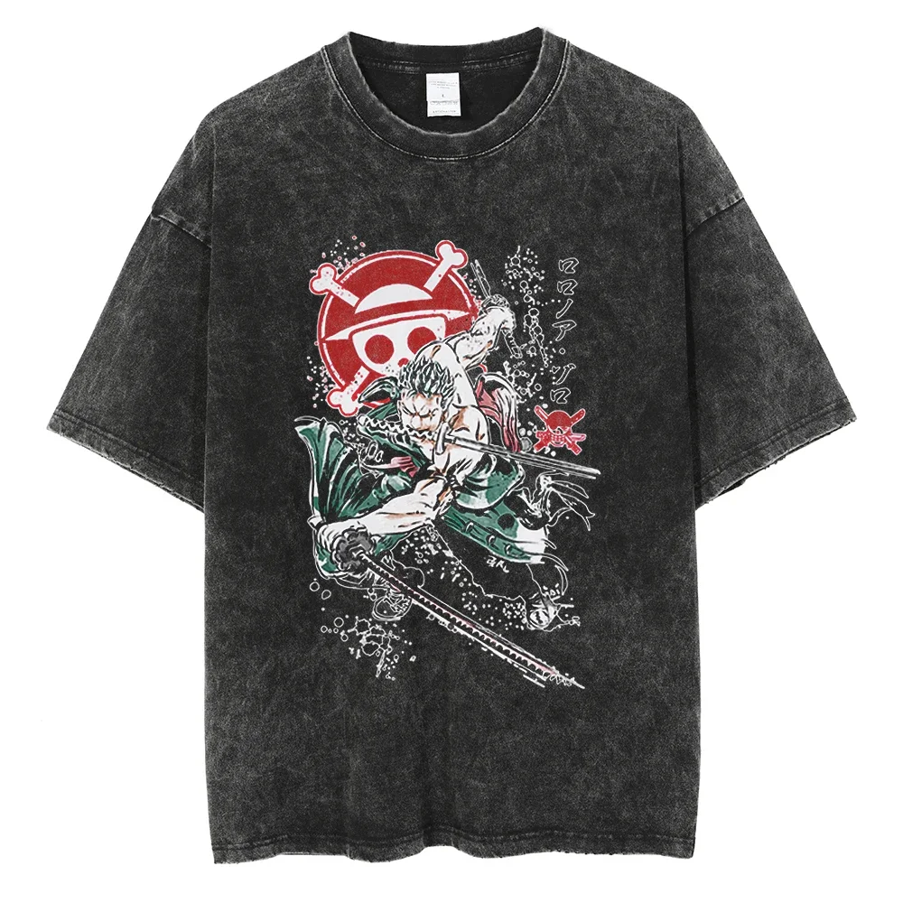 

Men Streetwear Washed T-shirt Harajuku Japanese One Piece Anime Graphic T-Shirt Hip Hop Oversized Tshirt Cotton Tops Tees Black