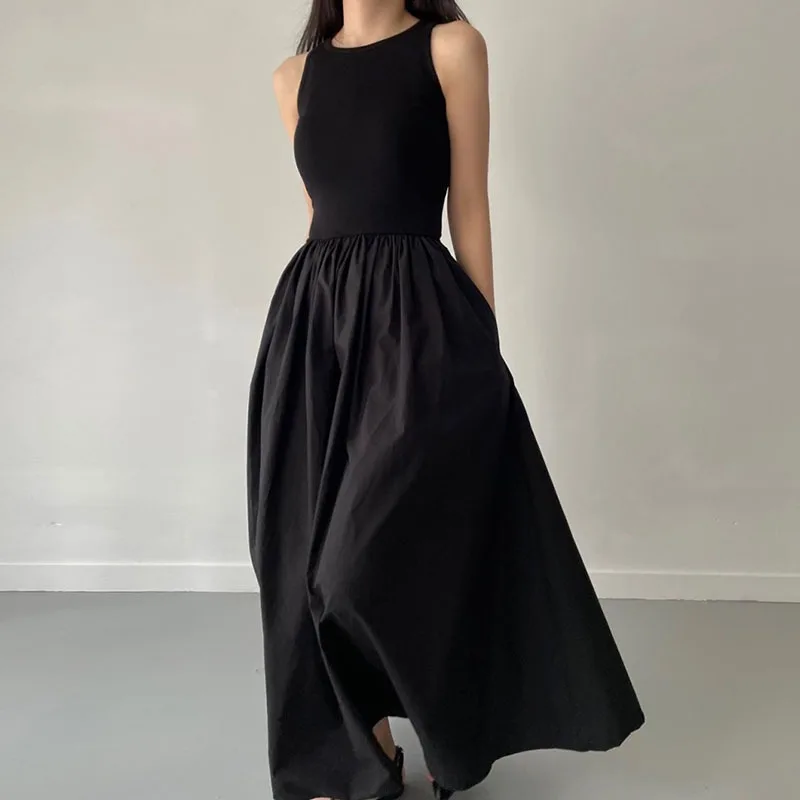 

Summer Women's Dress Korean Elegant Retro Black Dress Fashion Commuter Slim Waist Loose Large Hem Long Suspenders Dresses