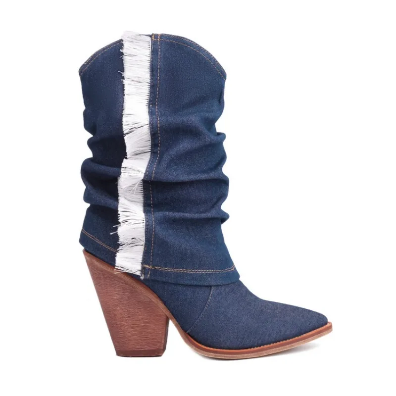 

2023 Western Denim Blue Chelsea Boots 10cm Slope Heel Tassel Pointed Fashion Short Boots 34-43 Amusement Park Performance Boots