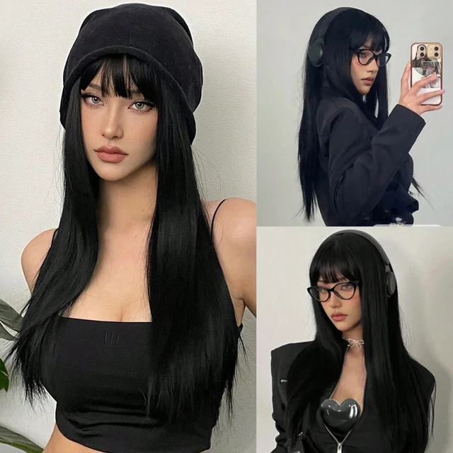 Perruques synthétiques longues et lisses avec frange, perruques noires de Cosplay de fête Lolita pour femmes, perruque naturelle résistante à la chaleur 1