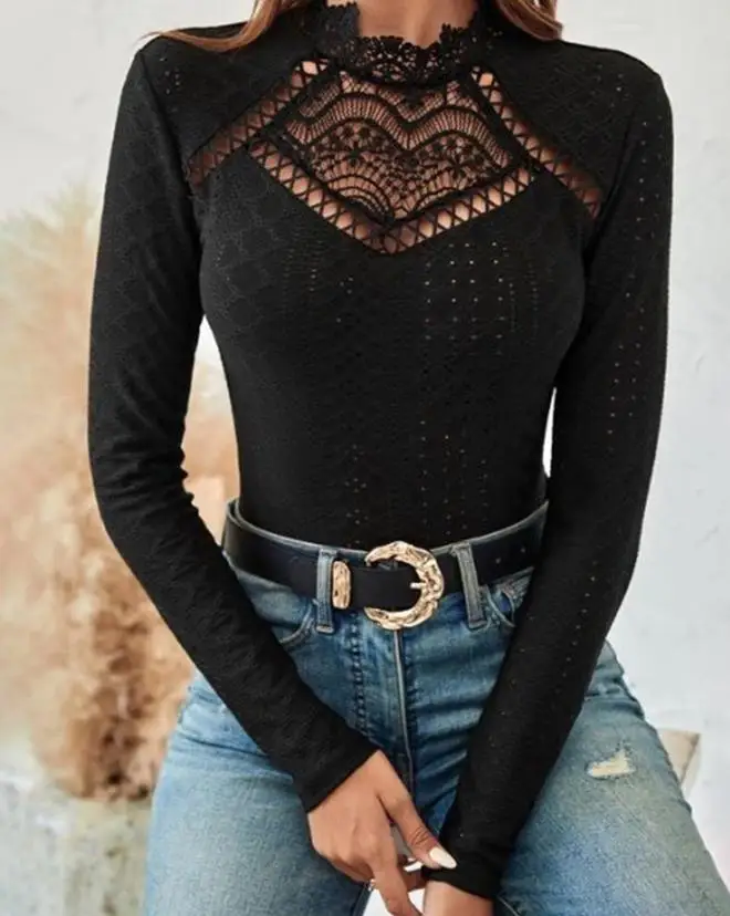 

Fashion Woman Blouse 2023 Sping Eyelet Embroidery Hollow-Out Crochet Lace Casual Stand Collar Long Sleeve Skinny Daily Tee Top