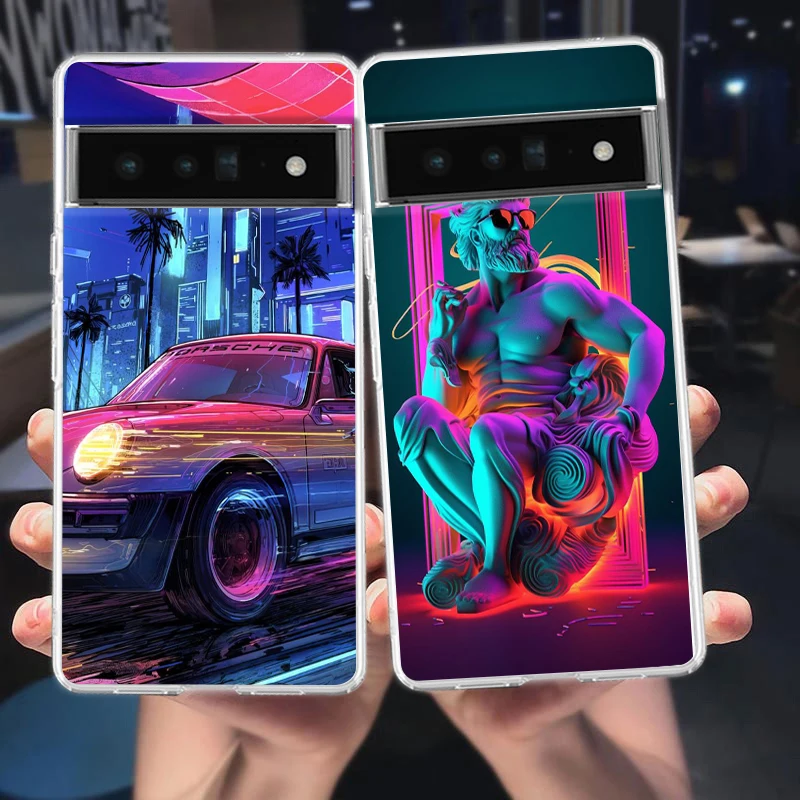 Synth wave Retro Handy hülle Abdeckung für Google Pixel 8 7 6 5 4 4xl stoß festes Silikon 7a 6a 5a 4a 3a 3axlpro 5g transparente Hülle