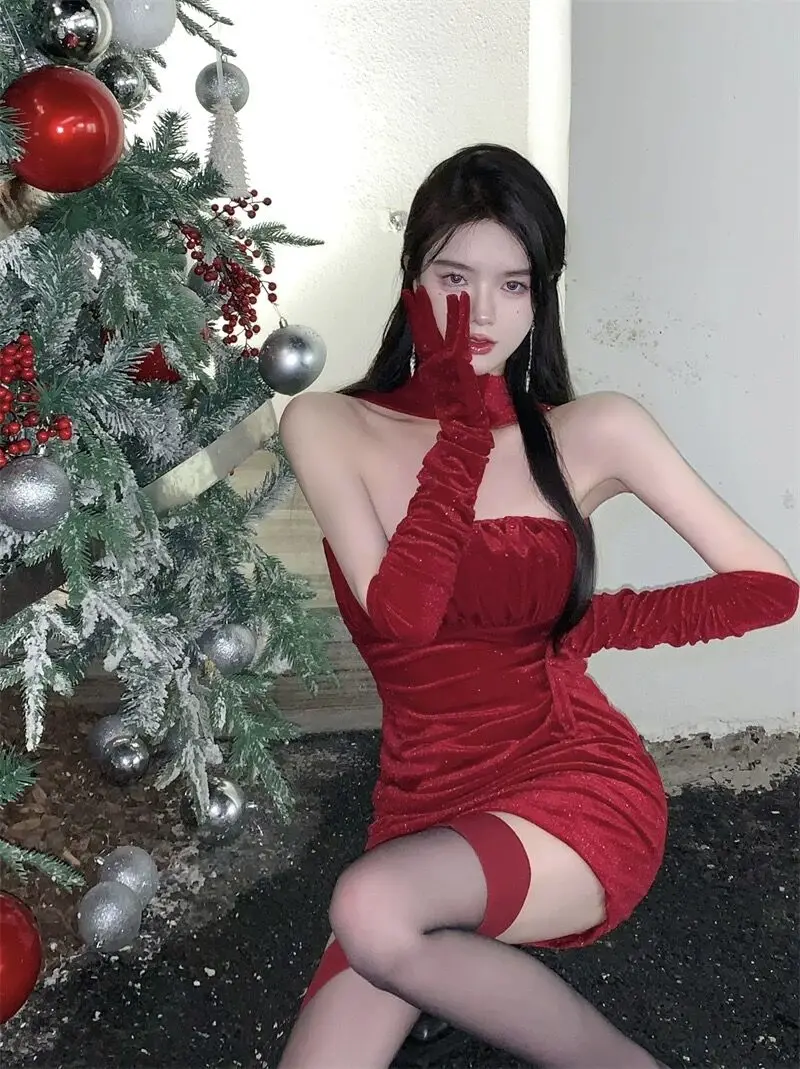 Sexy Bodycon Velvet Mini Dresses for Women Strapless Slim Waist Birthday Party Evening Dress Korean Fashion One Piece Vestidos