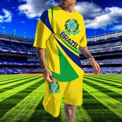 Brazilian Football Tracksuit Sets Brazil Flag National Emblem Print Summer T-Shirt Shorts 2pcs Set Oversized Casual Men Clothing