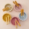 3PCS Baby Silicone Dinner Set Cartoon Lion Shape Suction Bowl Wooden Handle Spoon Fork Soft Utensils Pure Color Baby Tableware 1