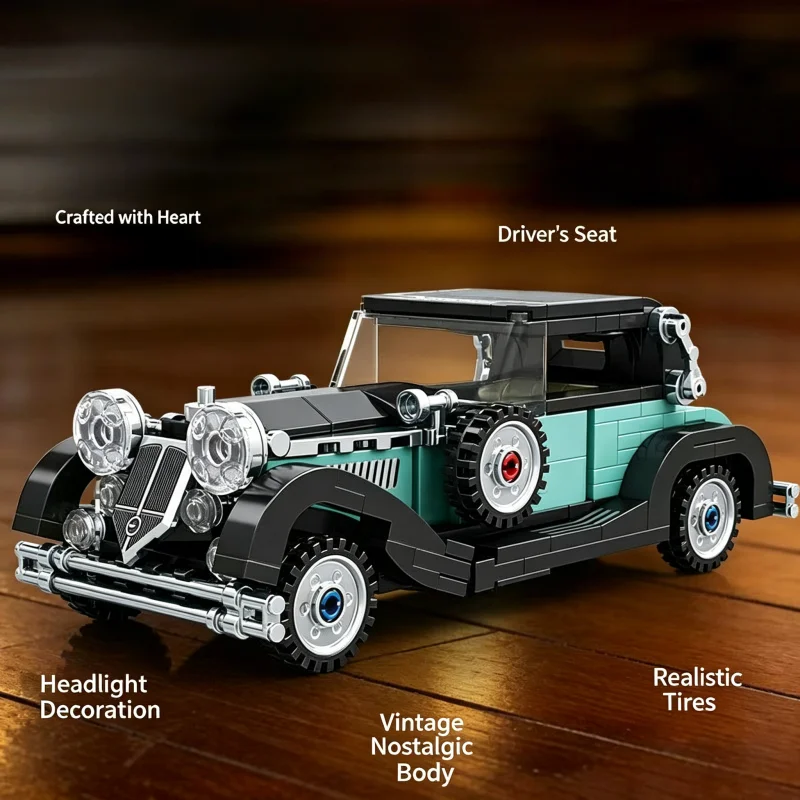 K2262 340PCS 빈티지 자동차 모델 빌딩 블록 세트 (베이스 스탠드 포함) 레트로 클래식 자동차 브릭 수집용 빈티지 자동차 모델 키트